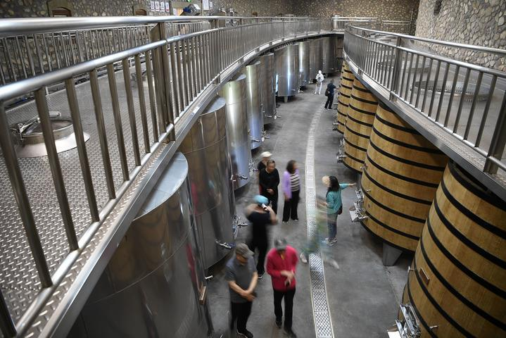 6月8日，在位于贺兰山东麓的志辉源石酒庄，游客在酿酒车间参观游览。新华社记者 王鹏 摄