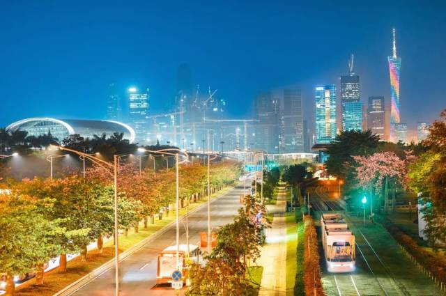 △广州海珠，有轨电车在夜色中穿梭。